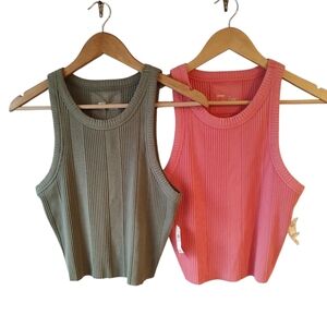 NWT Aerie Set Of Ribbed Cropped Tank Tops Green and Coral Size Large